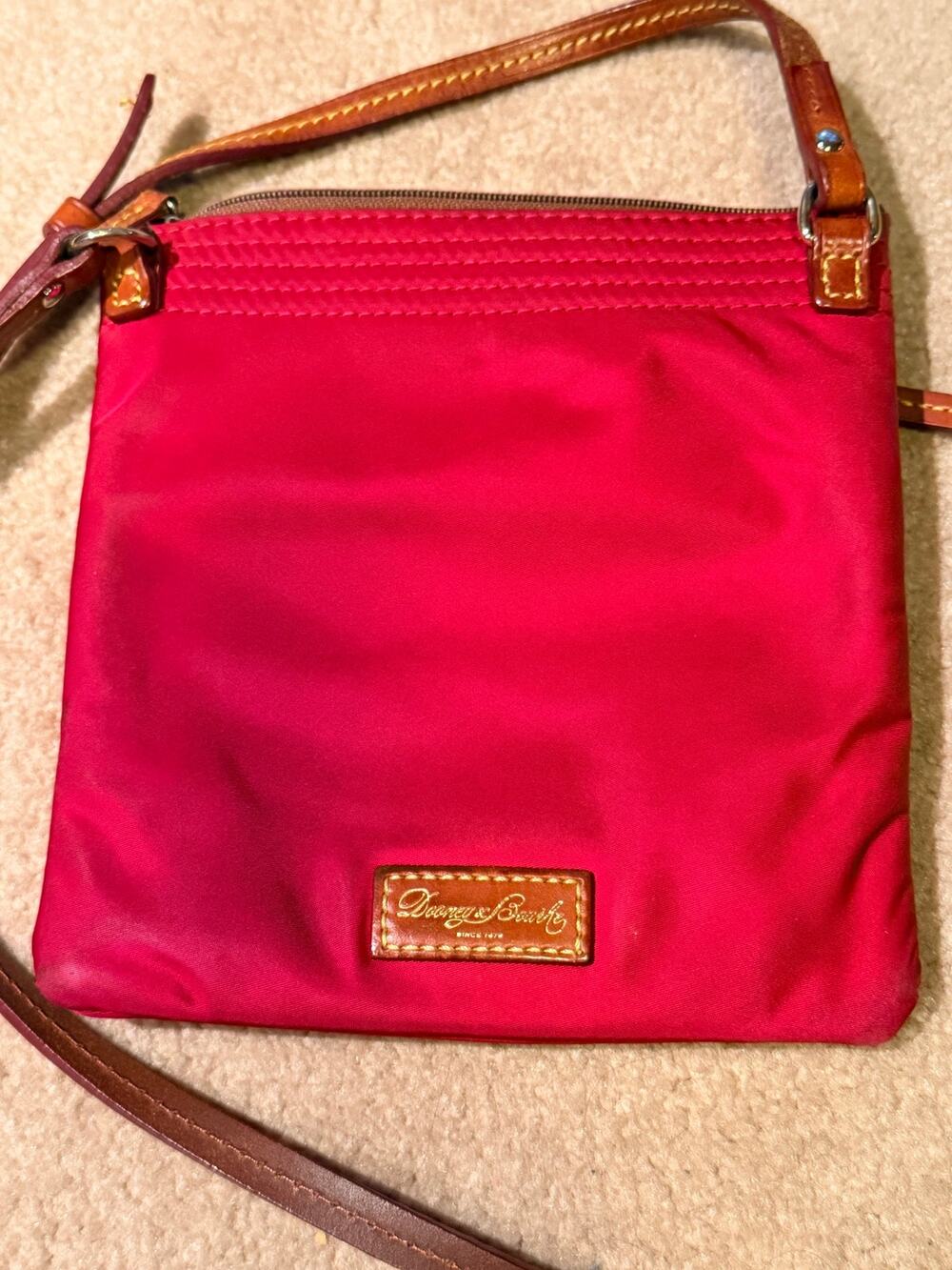 Dooney & Bourke Red Nylon Crossbody Bag Leather Trim Purse Multiple Zip Pockets
